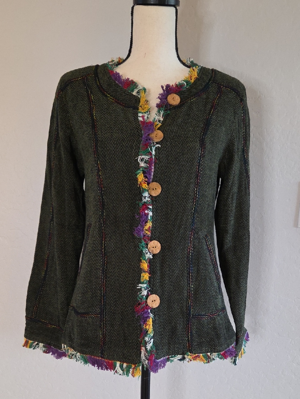 Angie Olive Green Jacket with Multicolor Frayed Trim Size Small-Est. NWOT